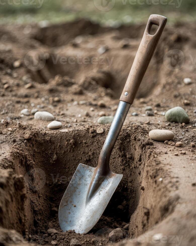 A shovel rests in a freshly dug hole in the dirt photo