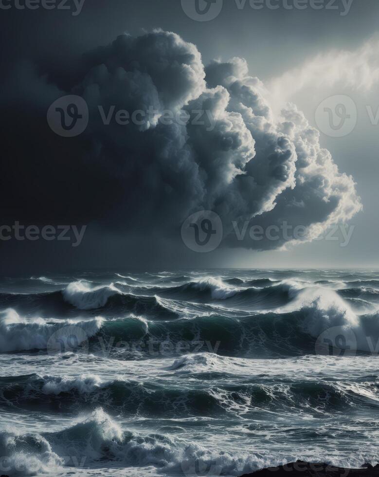 A captivating depiction of a stormy ocean with ominous clouds and turbulent waves unveiled photo