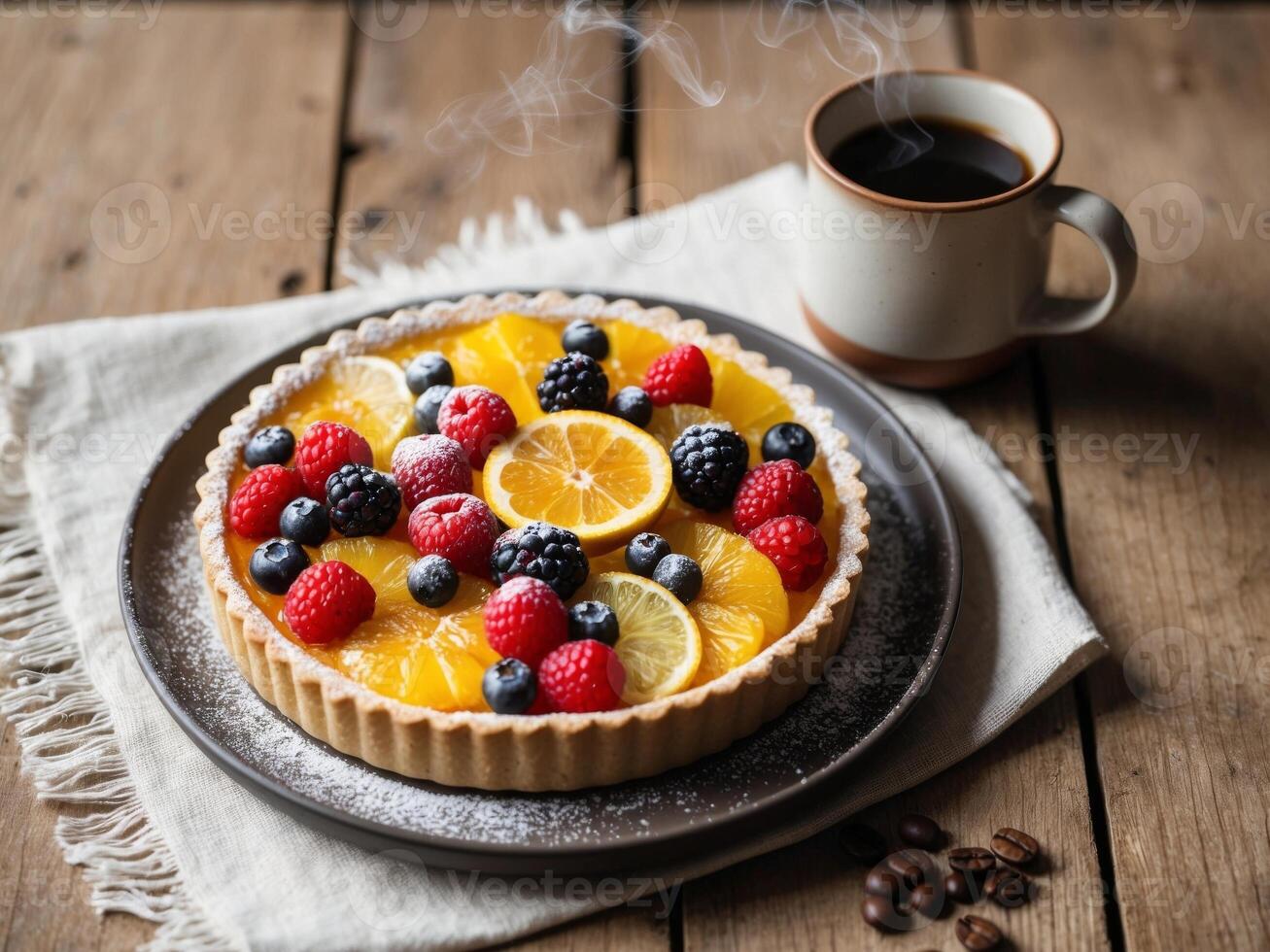 Fresh Fruit Tart with Coffee on Wooden Table. photo