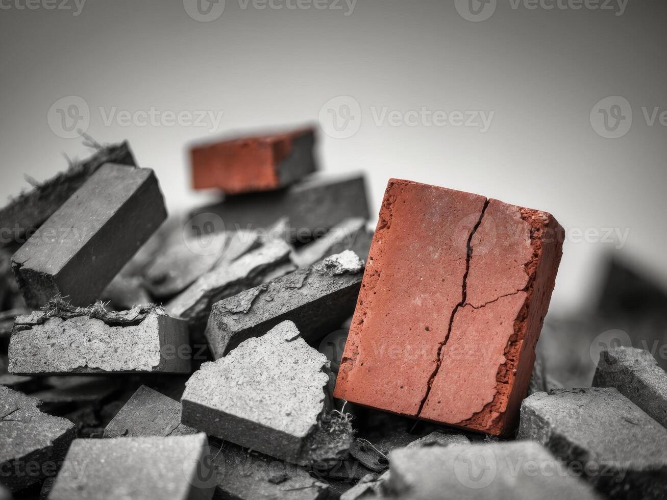 A single brick in a pile of broken bricks. photo