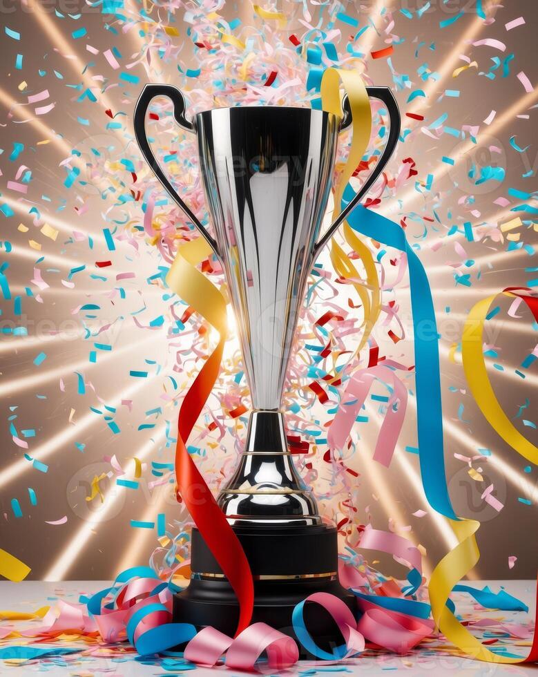 Celebratory trophy surrounded by colorful confetti and ribbons in a vibrant atmosphere at a festive event photo