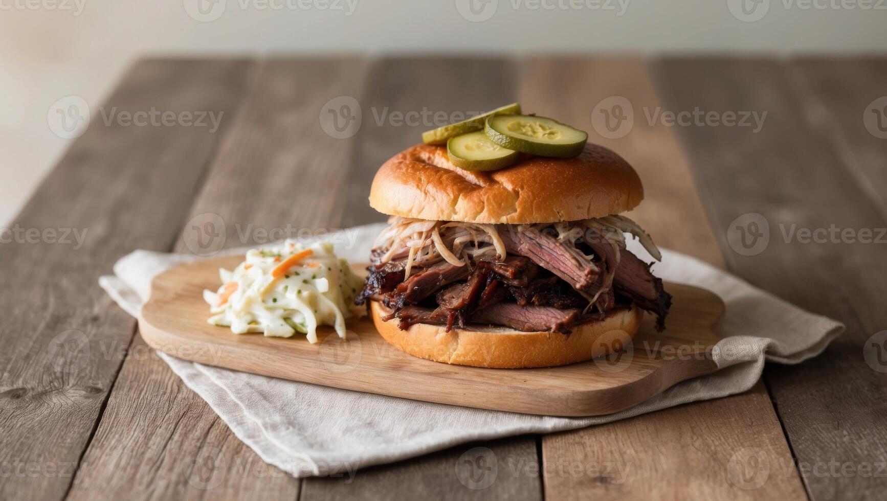 A smoked brisket sandwich served on a toasted bun with pickles and a side of coleslaw. photo