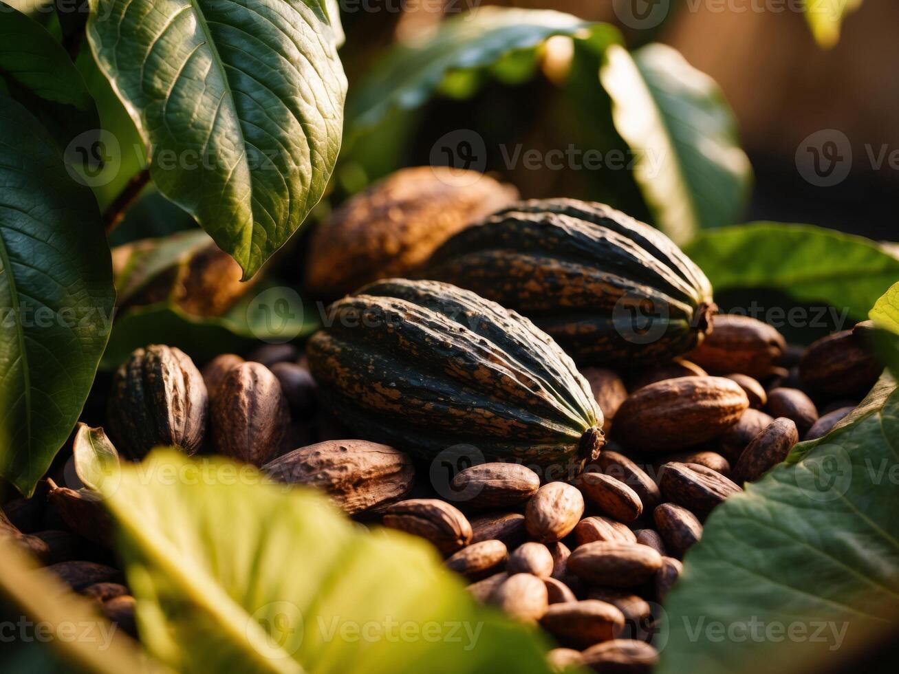 Rich Texture of Cacao Pods and Beans on Green Leaves. photo
