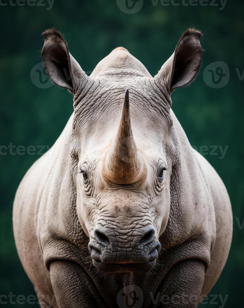 A horned rhino staring forward on a dark green background photo