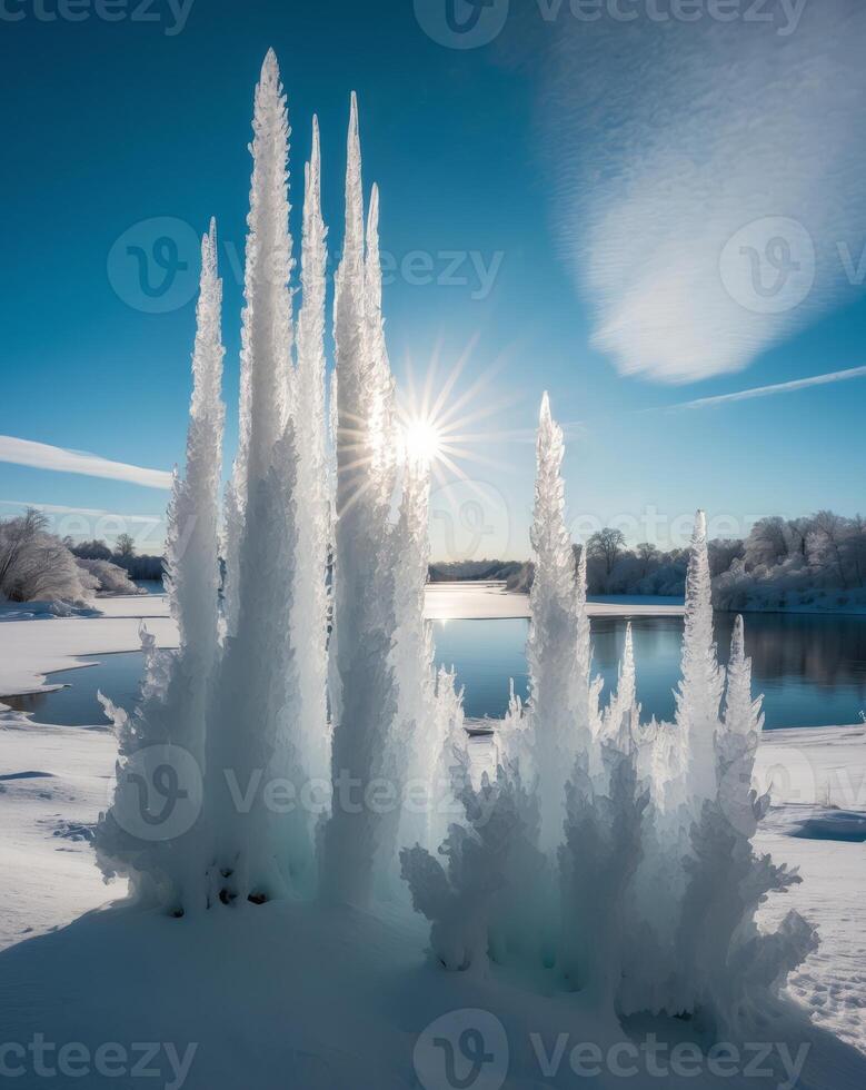 Stunning icy formations under bright sun in winter landscape near water body photo