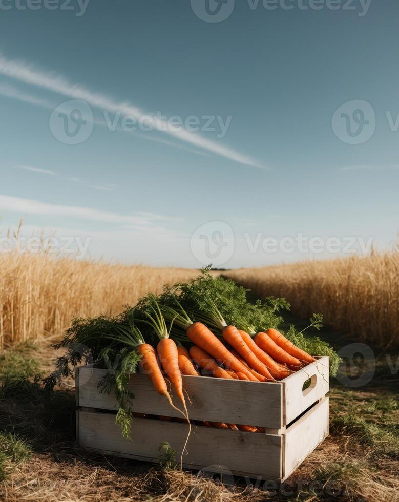 Freshly harvested carrots in a crate in a vast field photo