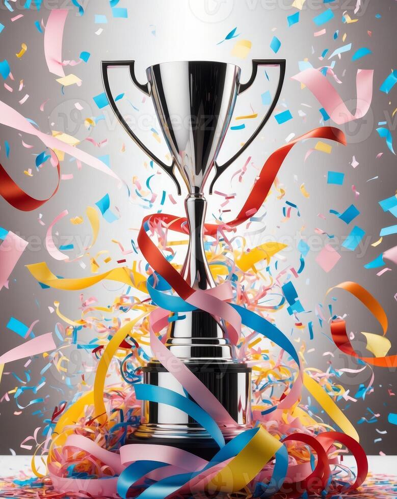 Celebratory trophy surrounded by colorful confetti and ribbons in a vibrant atmosphere at a festive event photo