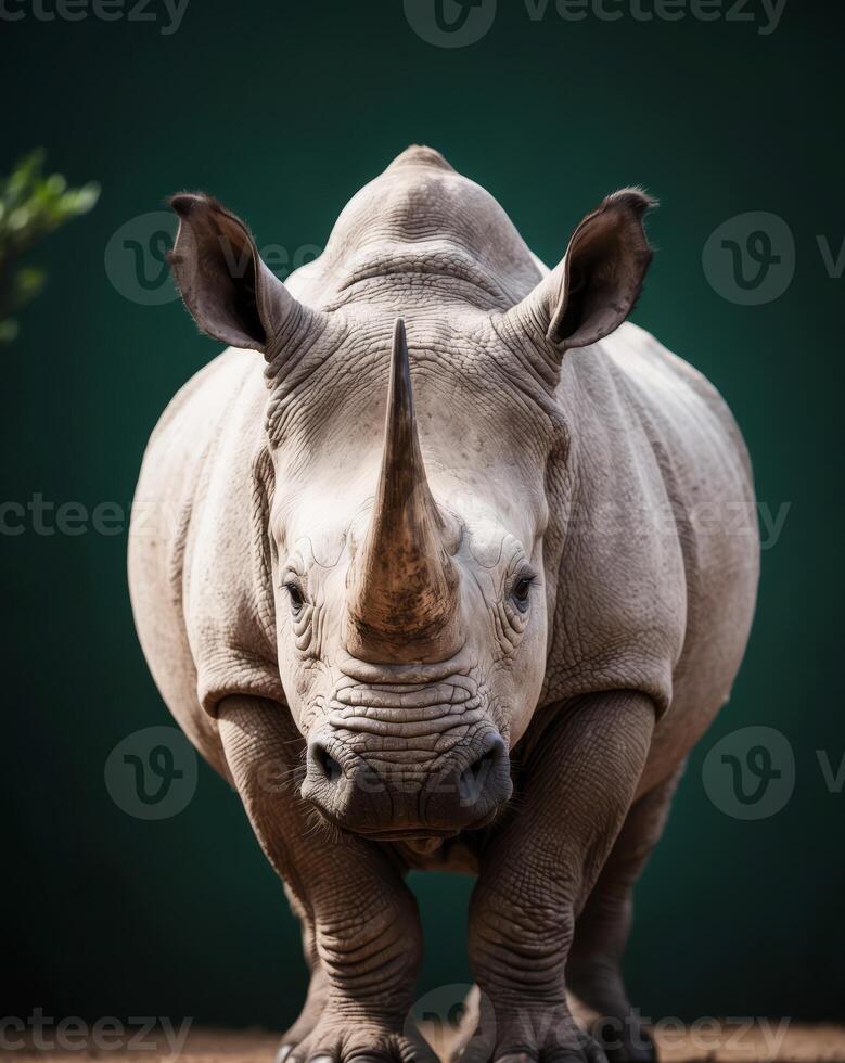 A horned rhino staring forward on a dark green background photo