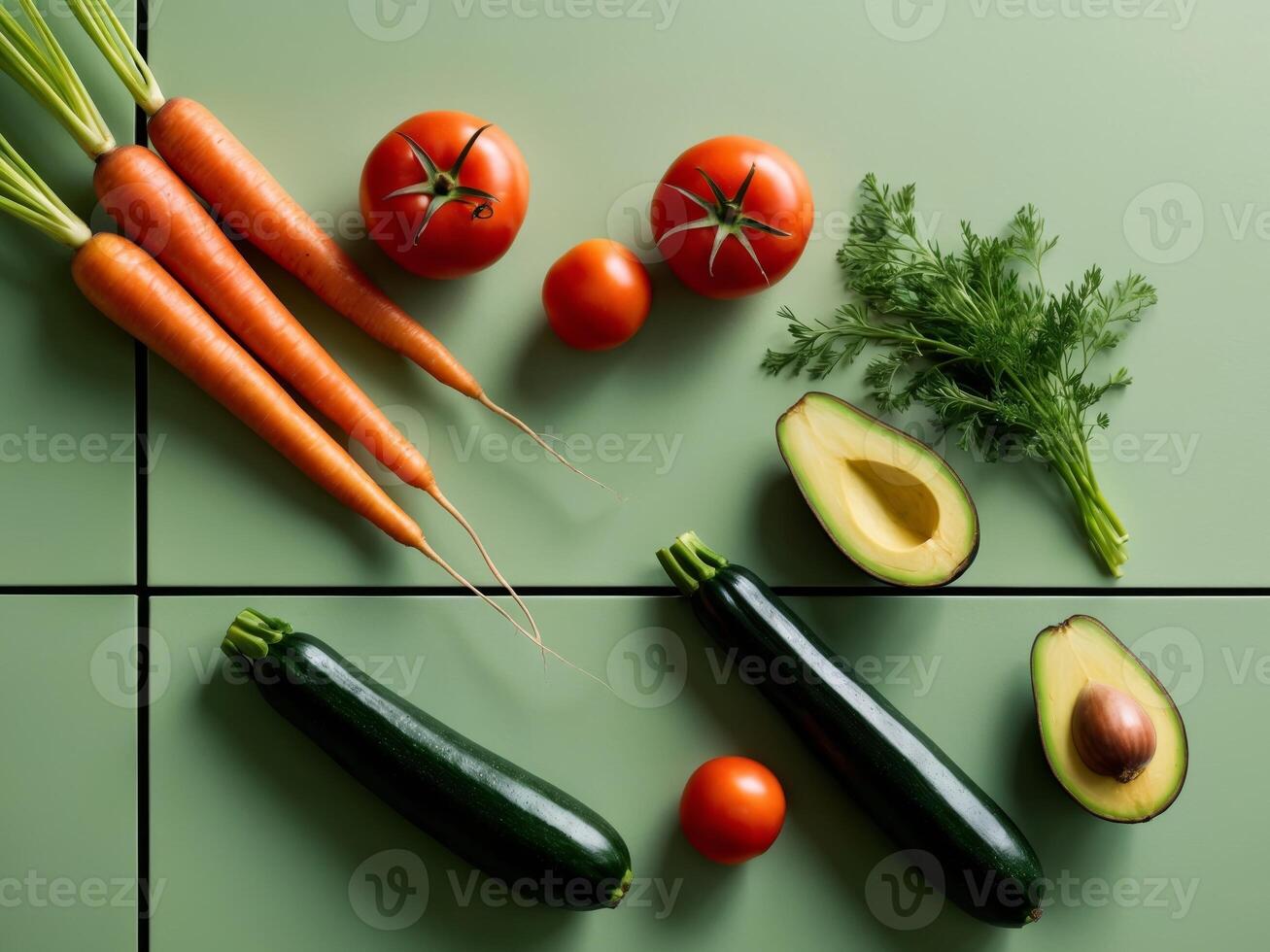 Green Background with Fresh Vegetables Carrots Tomatoes Zucchini Avocado. photo