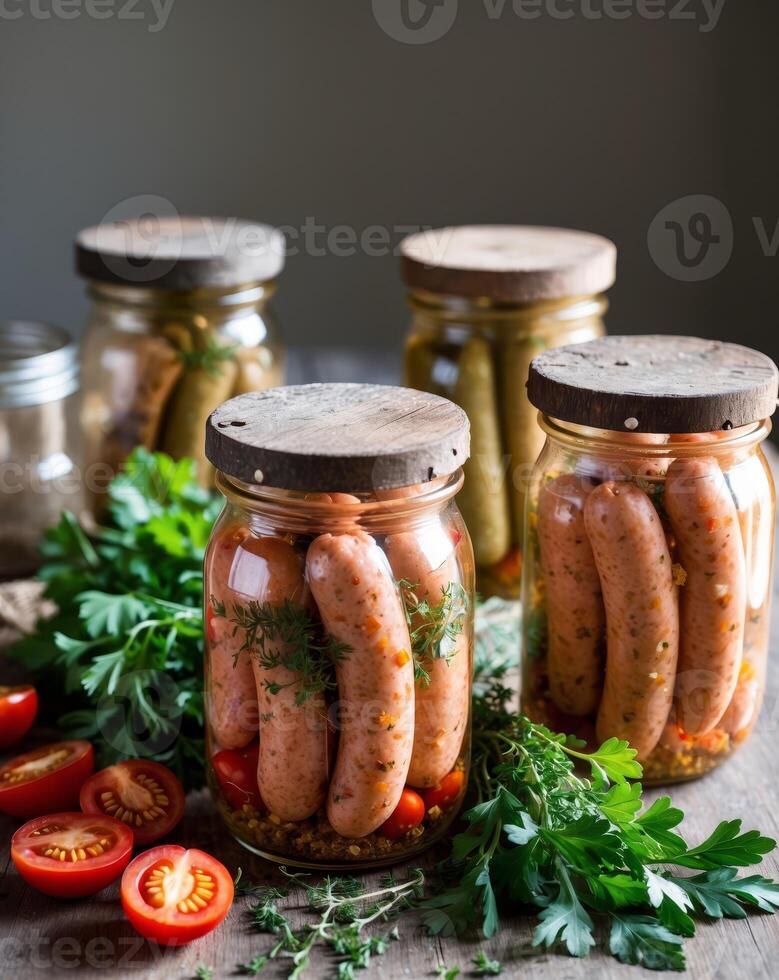 Flavorful Pickled Sausages Captured in Rustic Glass Jars With Herbs and Cherry Tomatoes photo