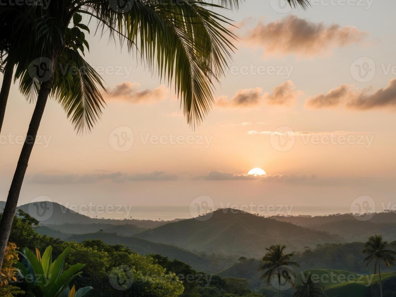 Breathtaking Tropical Sunset Over Lush Greenery with Golden Rays Illuminating the Horizon in a Serene Landscape. photo