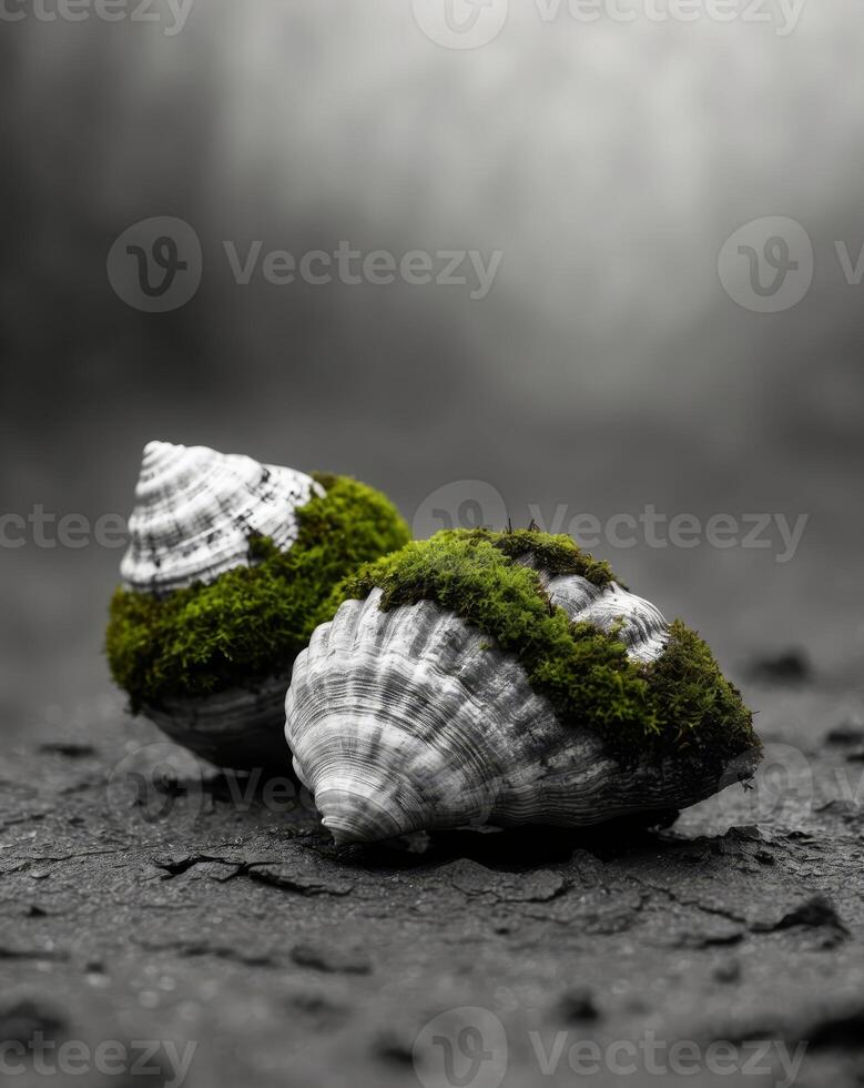Two shells with green moss on them are sitting on a muddy ground photo