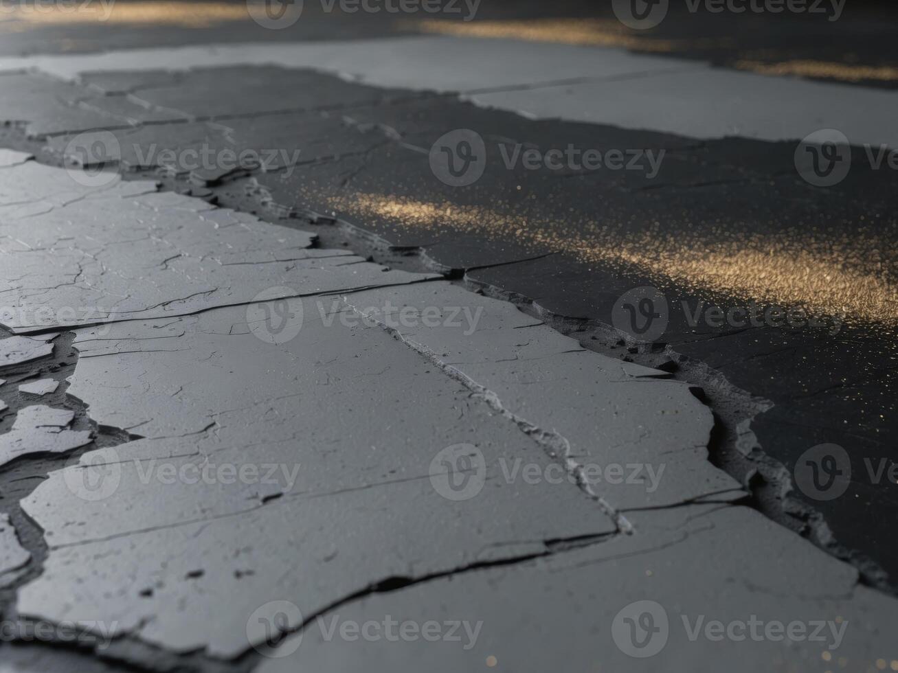 A black and grey surface with a lot of texture and a few spots of gold. photo