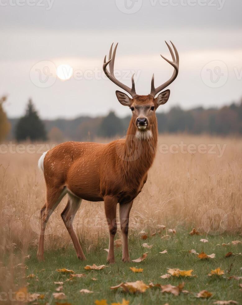 Majestic Red Deer Stands In Autumn Field photo