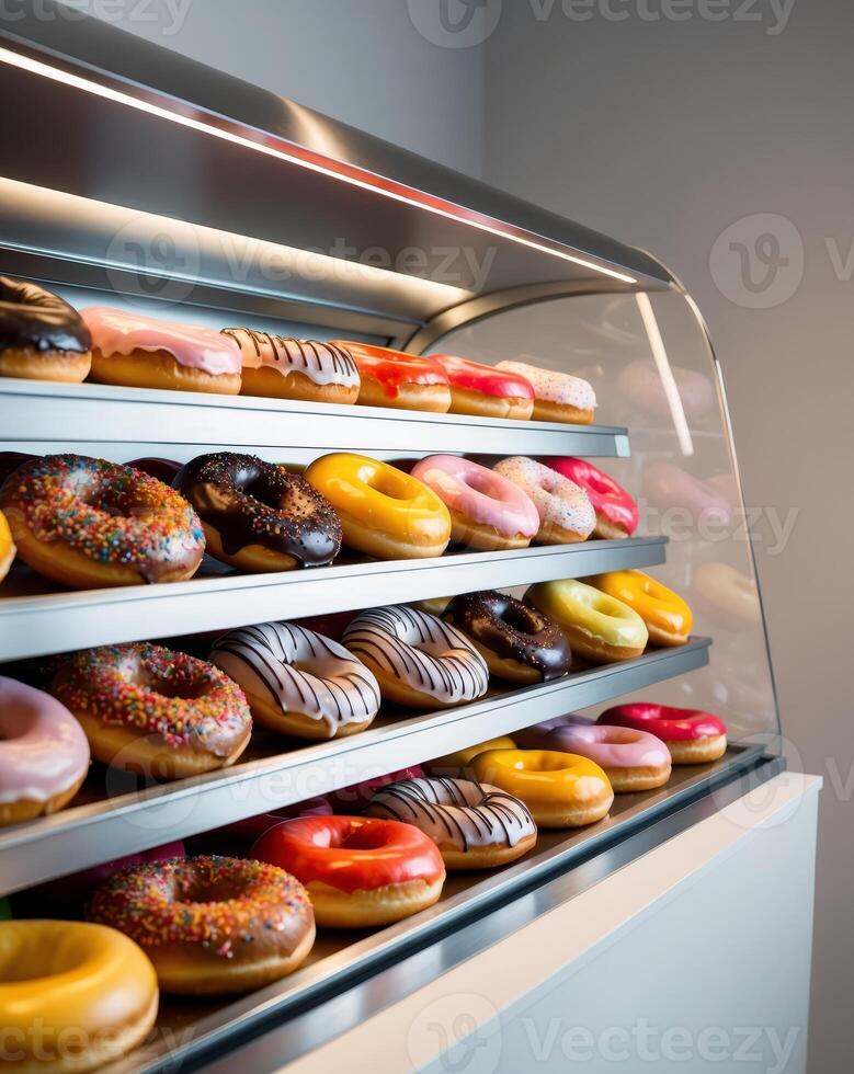 Colorful Variety of Freshly Baked Donuts in a Display Case photo