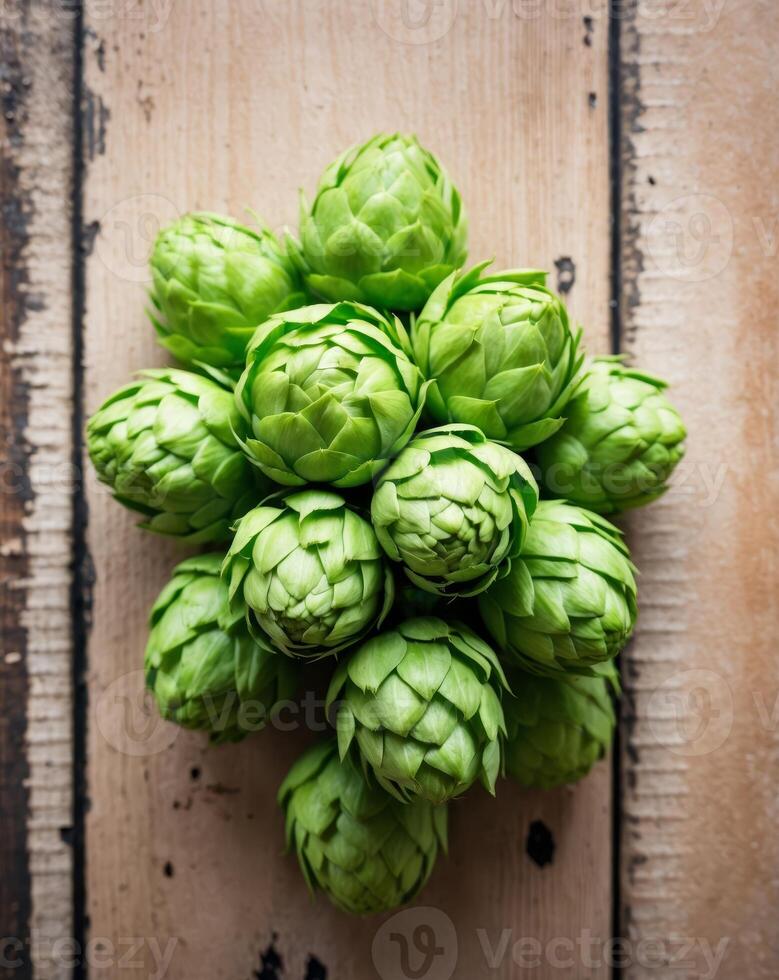 Fresh Green Hops Cones on Rustic Wooden Background for Craft Beer Brewing Inspiration photo