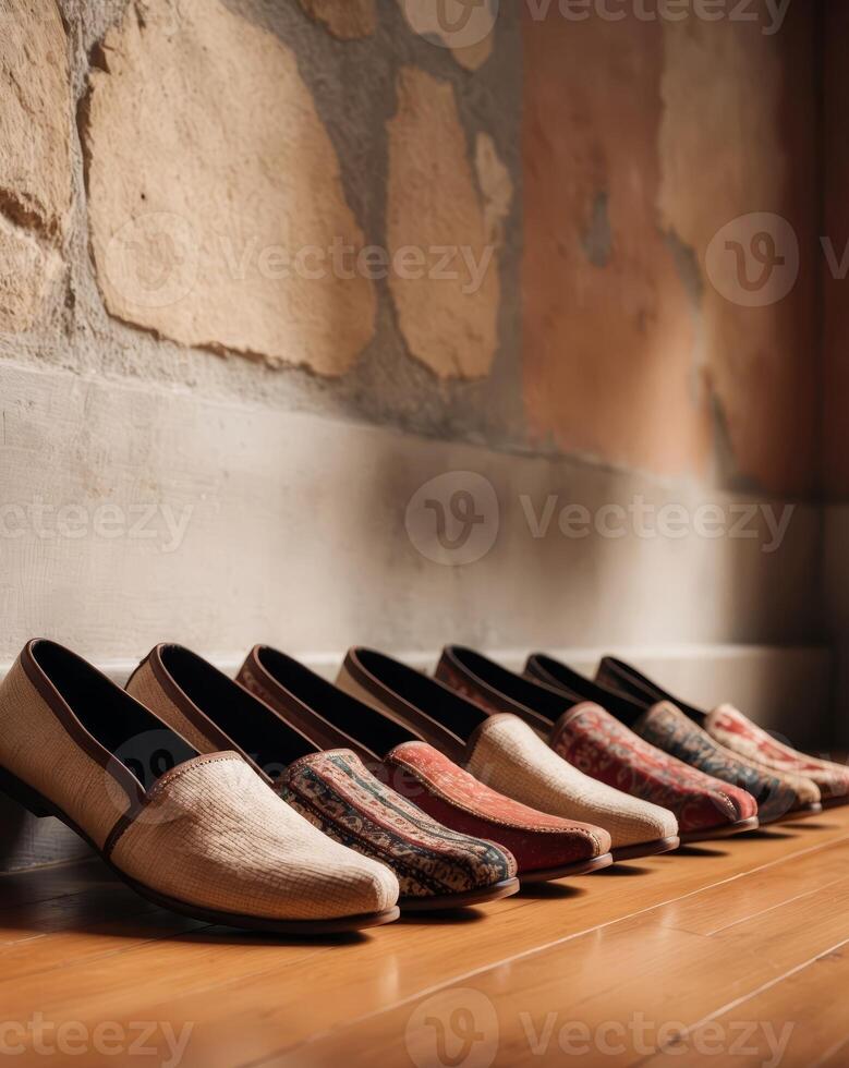 A row of ethnic footwear lined up on a wooden floor with a stone wall backdrop photo