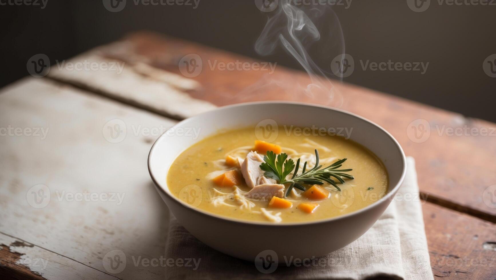Steaming bowl of creamy chicken and pumpkin soup garnished with fresh herbs served on a wooden surface. photo