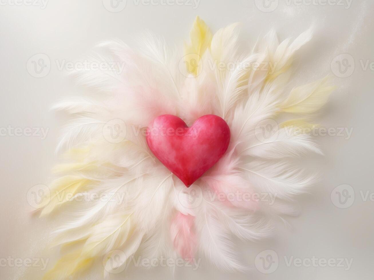 Lush Watercolor Artwork Featuring a Dreamy Red Heart Surrounded by Soft Brushstrokes and Light Colors. photo