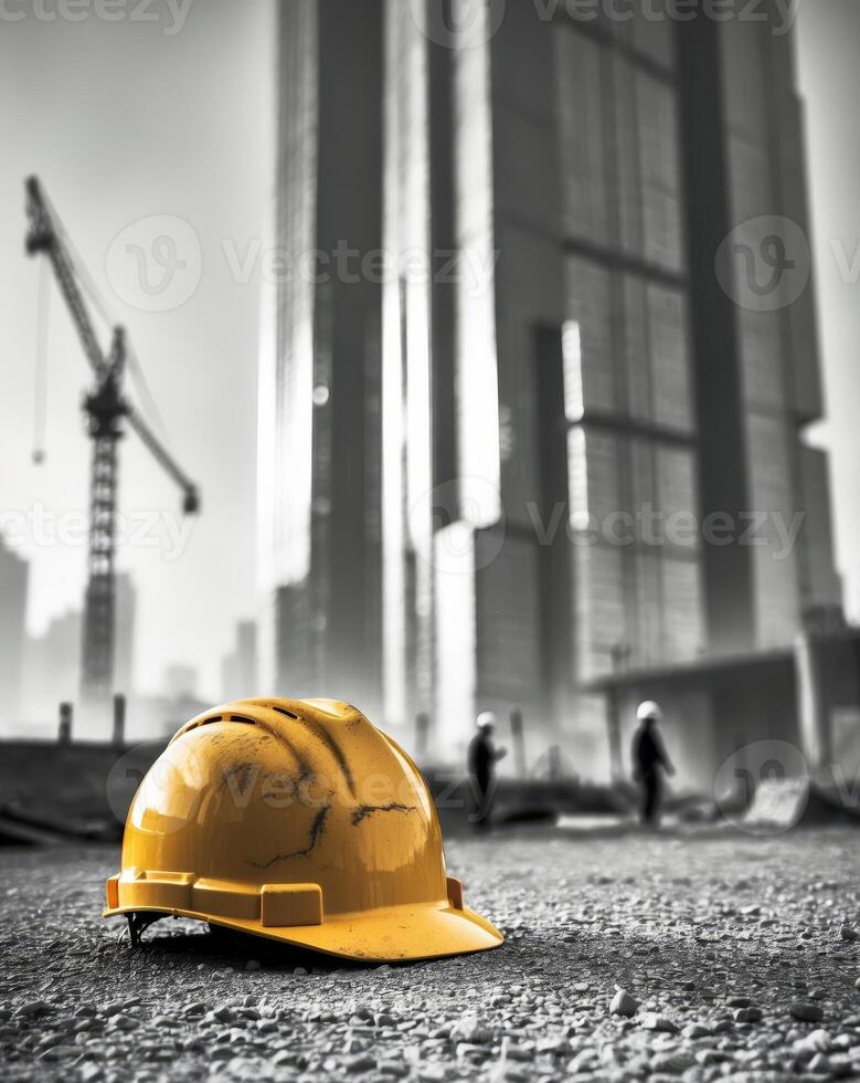 Construction hard hat rests on the ground as a building rises behind in a beautifully blurred background revealing an active construction site photo
