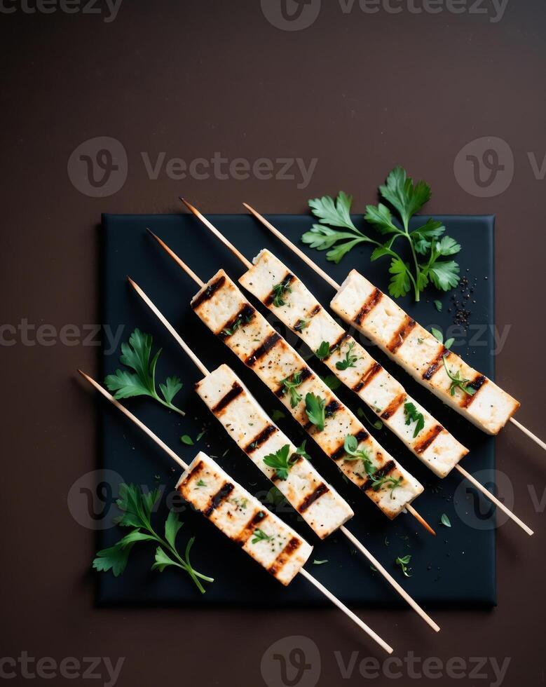 Grilled tofu skewers with herbs and spices on a dark background photo