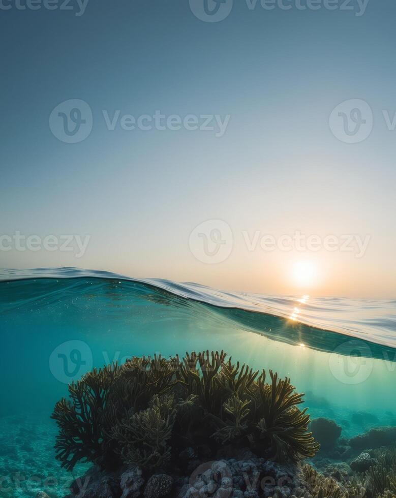 Underwater Coral Reef at Sunrise with Vibrant Colors and Calm Water photo