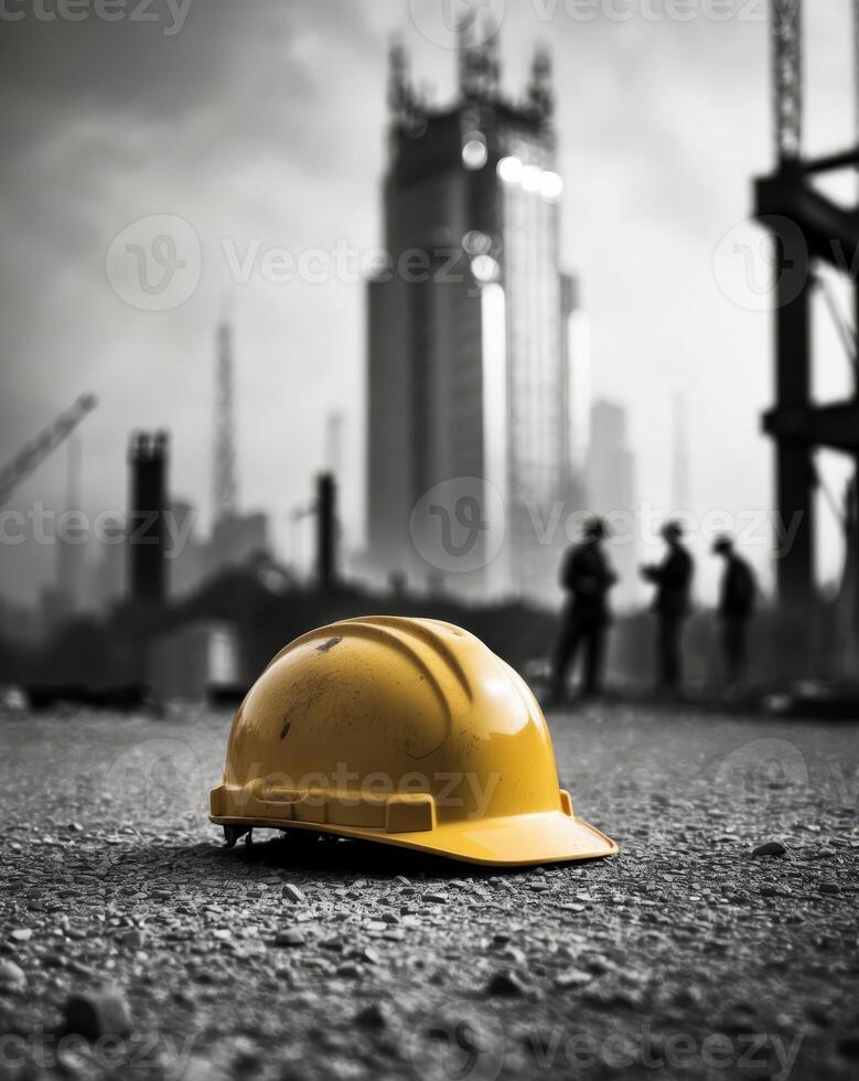 Construction hard hat rests on the ground as a building rises behind in a beautifully blurred background revealing an active construction site photo