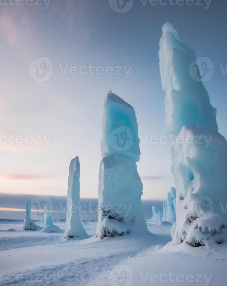 Frozen landscape with towering ice formations in a winter wonderland photo