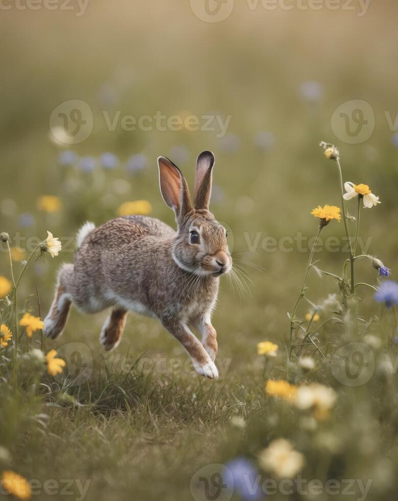 Rabbit darting through wildflowers alert ears photo
