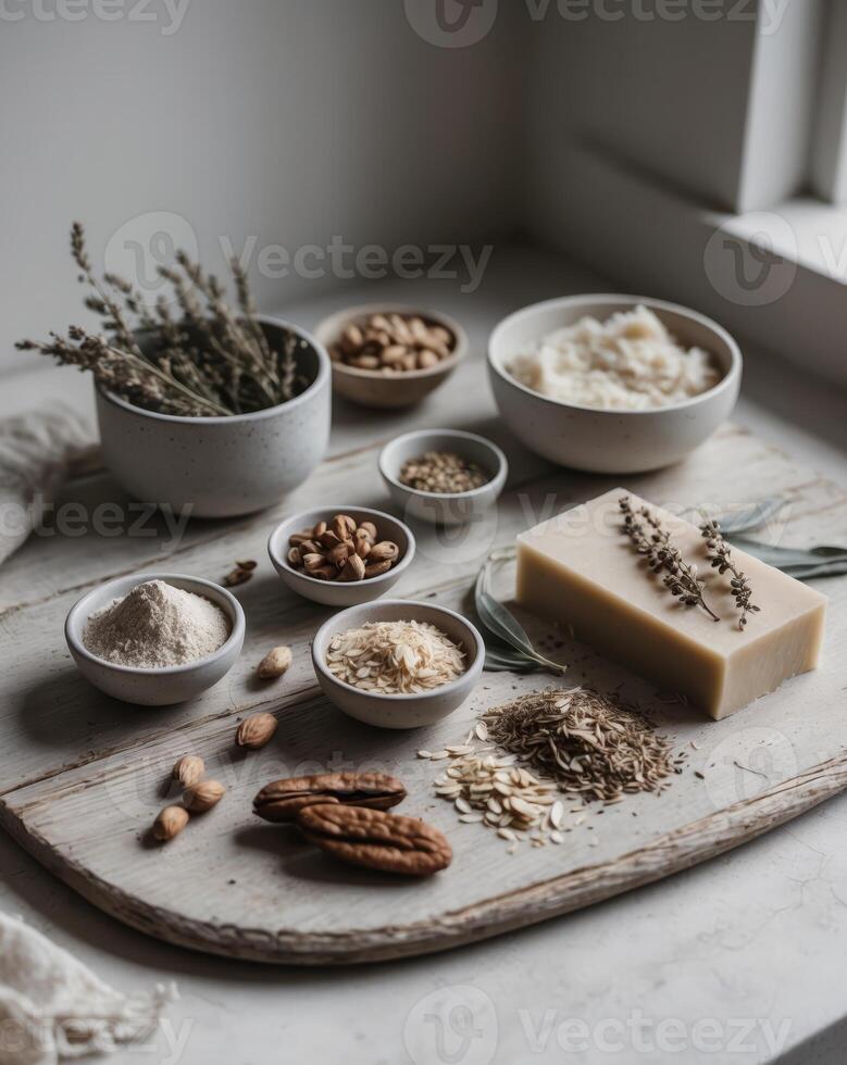 Natural ingredients arranged on a surface for homemade soap crafting photo