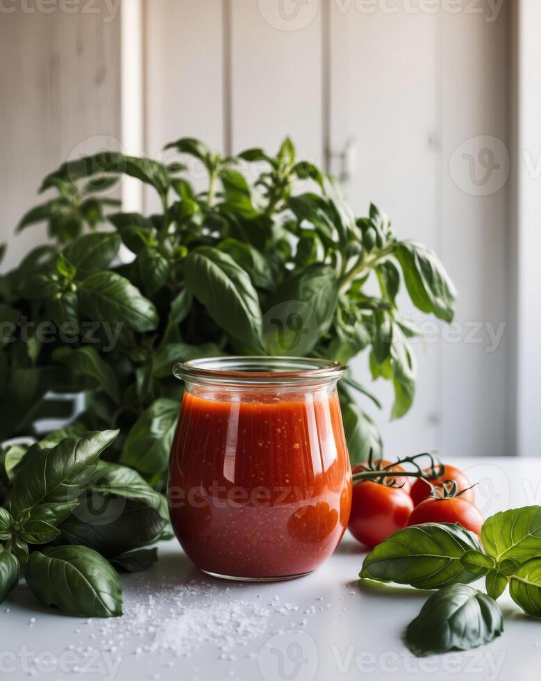 Fresh Tomato Sauce in Jar Surrounded by Fresh Ingredients Concept photo