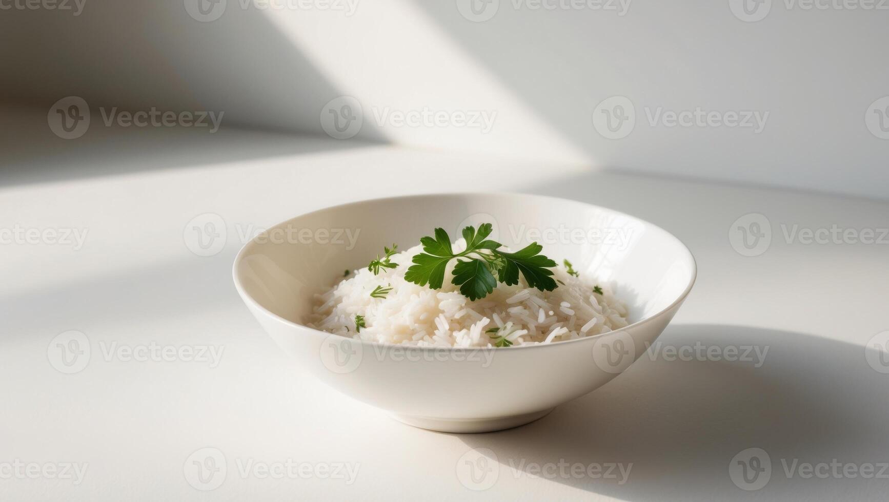 Deliciously simple A bowl of steamed rice garnished with fresh herbs. photo