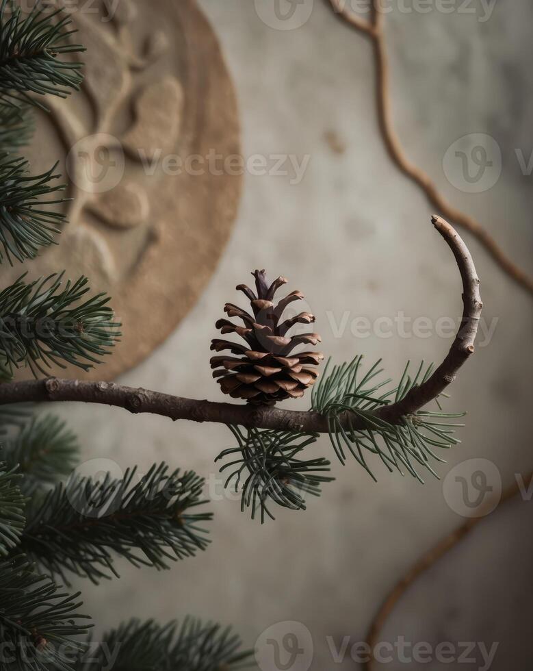 Pine Cone on Evergreen Branch with Textured Background photo
