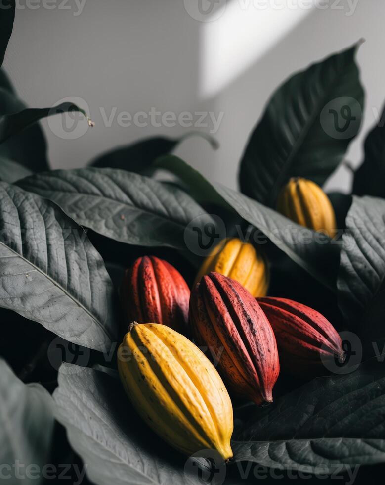 Fresh cacao pods in red and yellow colors with green leaves photo