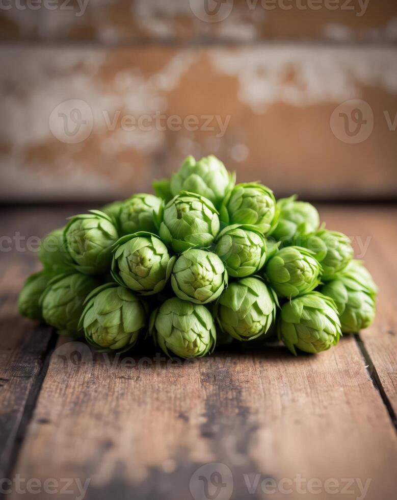 Fresh Green Hops Cones on Rustic Wooden Background for Craft Beer Brewing Inspiration photo