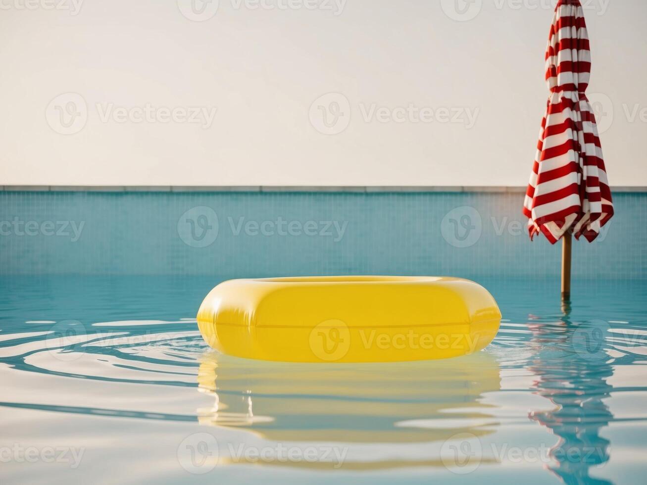 Bright Yellow Inflatable Ring in Clear Blue Swimming Pool with Striped Umbrella. photo