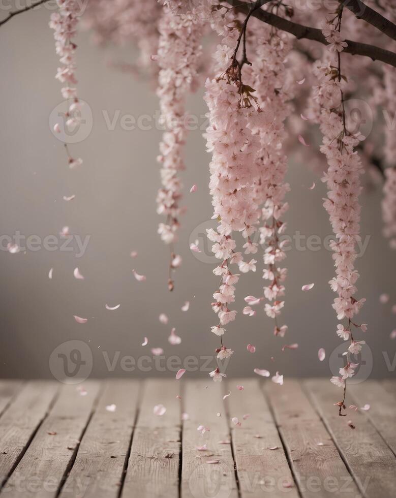 Wooden Deck Underneath Falling Pink Cherry Blossoms photo