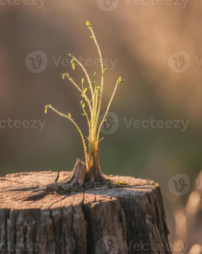 New Life Sprouting From Old Tree Stump In Sunlight photo