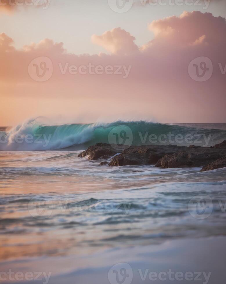 The surging waves and reefs in the sunset glow photo