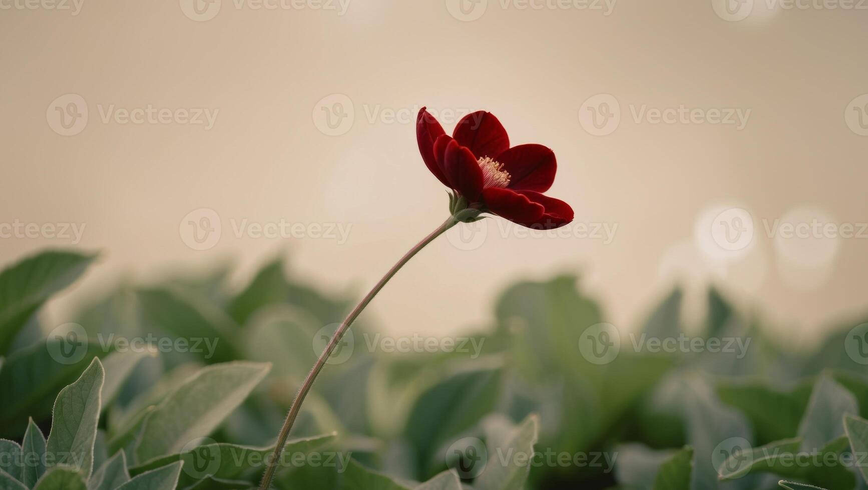 A single red flower in a field of green leaves. photo
