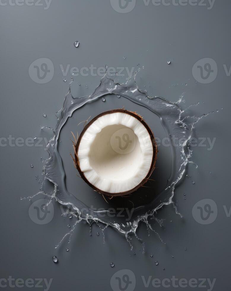 Coconut shell surrounded by splashes of refreshing water in a creative display photo