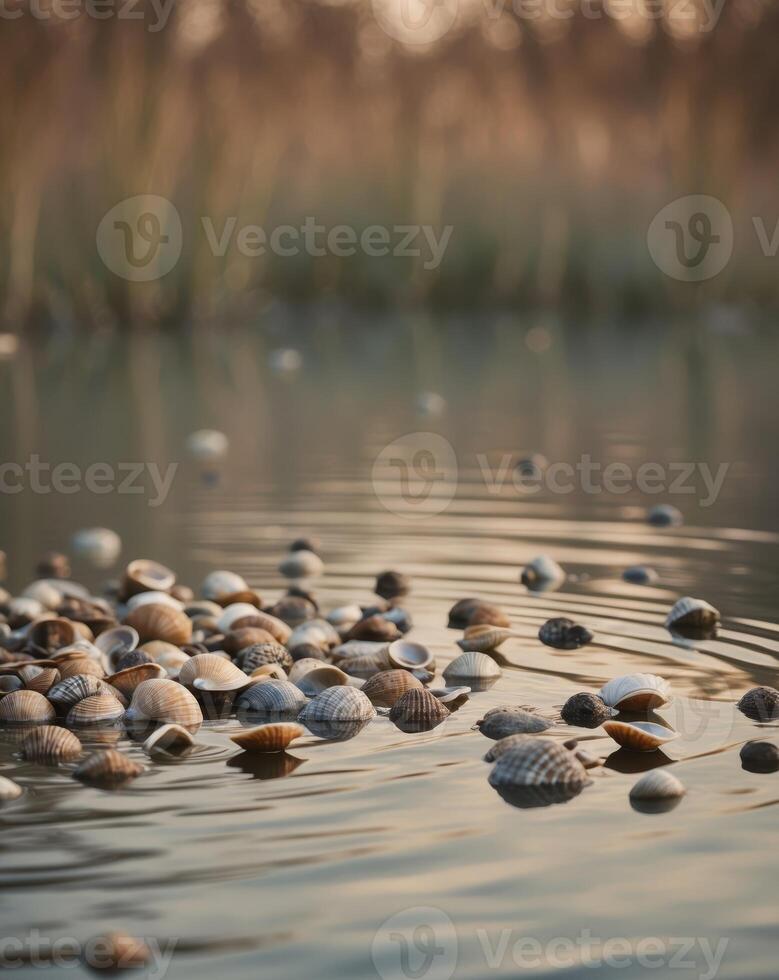 A pond with a lot of shells floating on the surface photo