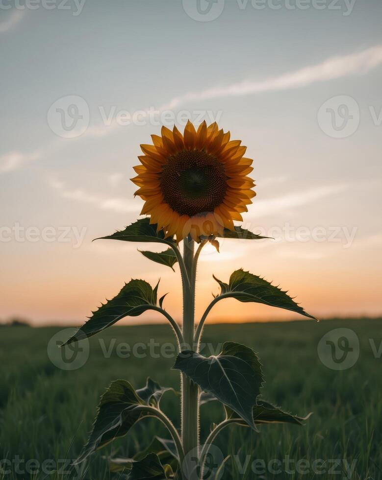 Sunflower blooming at sunset in open field capturing nature's beauty and tranquility photo