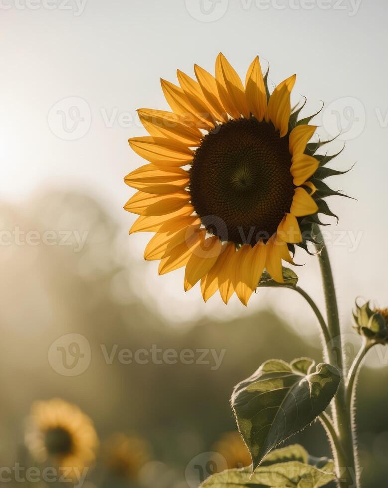 Bright Yellow Sunflower in Full Bloom Facing Warm Sunlight photo