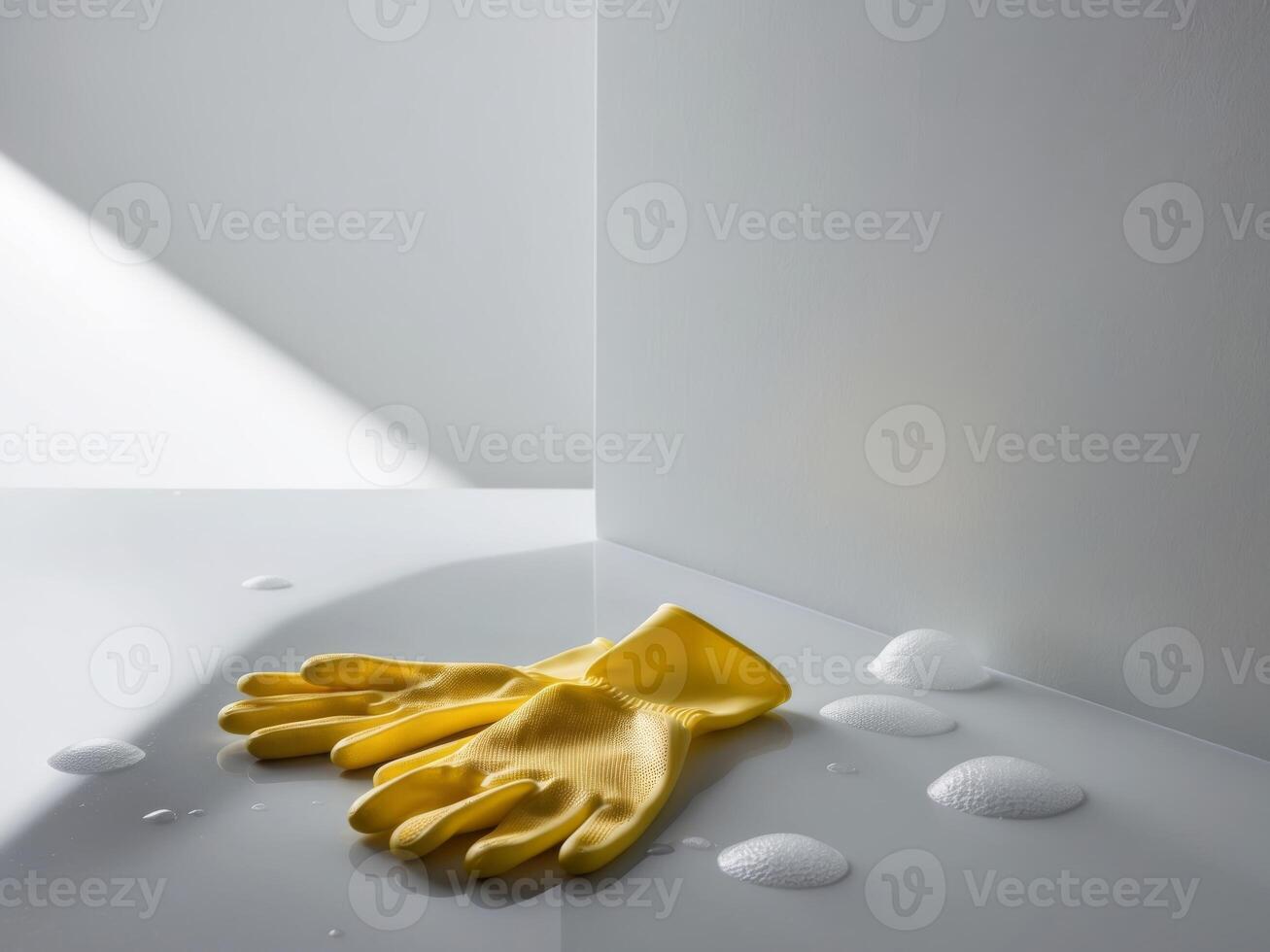 Clean Surface with Bubbles and Rubber Gloves for Home Care Tasks. photo