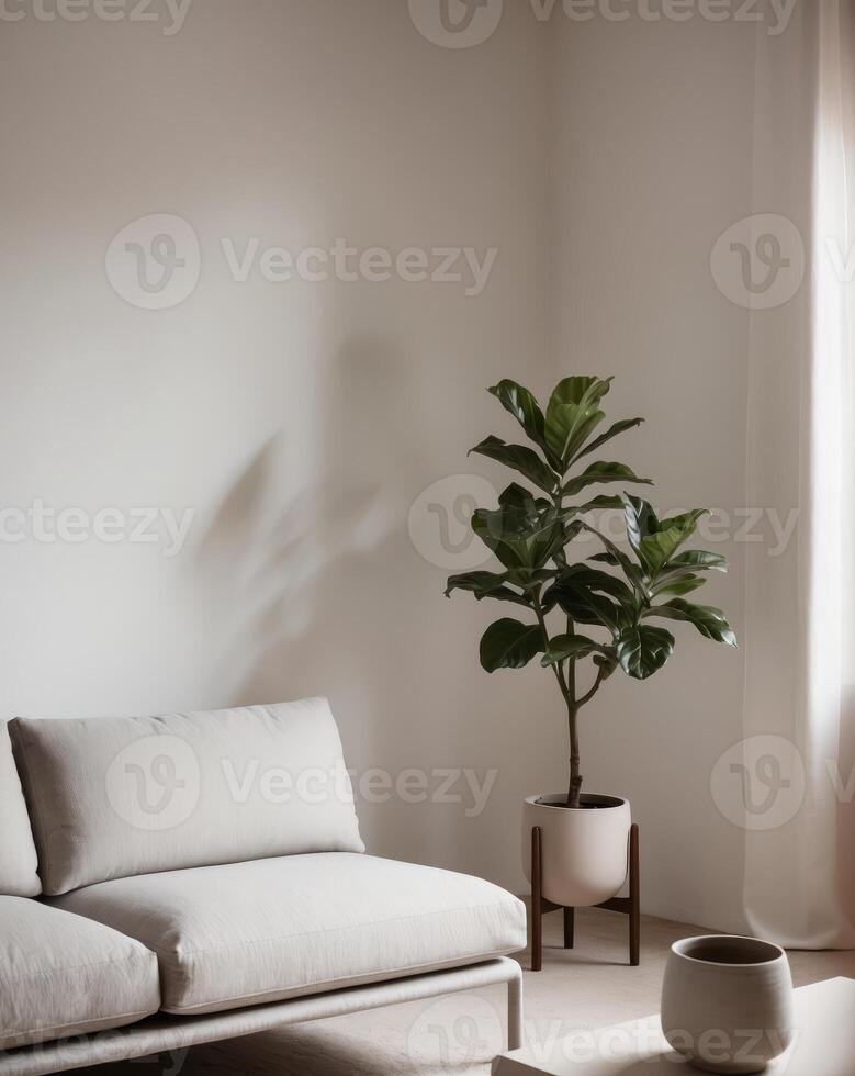a living room with a couch and a plant on the table photo