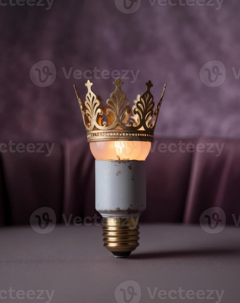 Crowned Light Bulb with Golden Crown on Purple Background photo