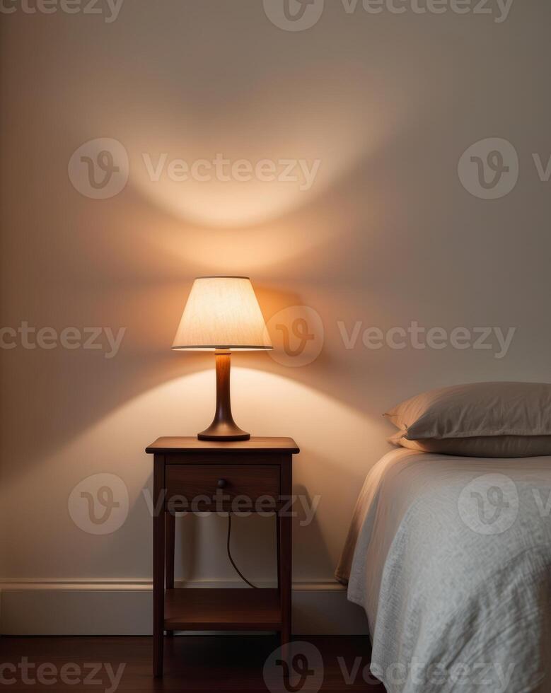 Warm bedroom scene with a lit lamp on a nightstand photo