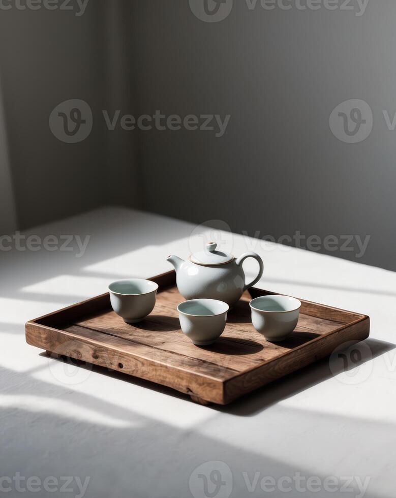 Tea ceremony representing harmony and tranquility with teapot and cups on wooden tray photo