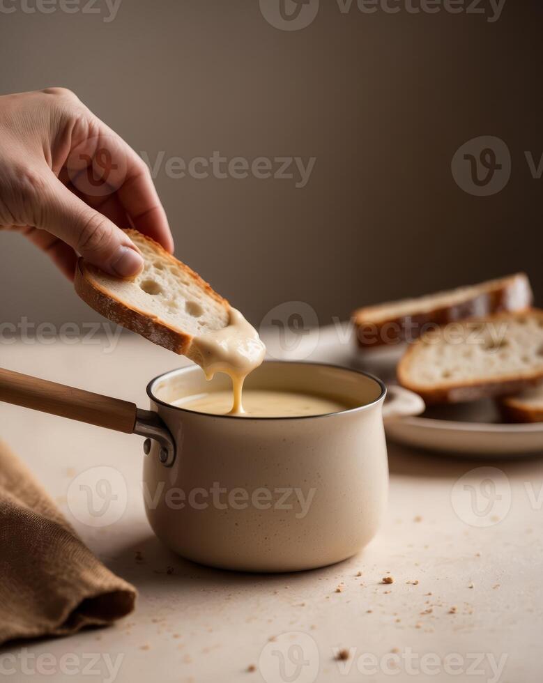 Delicious Fondue with Bread Dipping in Soft Focus photo